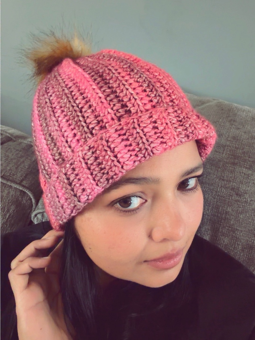 Crochet Pom-Pom Beanie - Pink